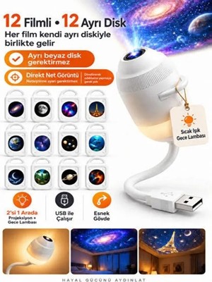 12 Diskli Galaksi Projektörü USB 5V Mini Gece Lambası, Yıldız ve Gökyüzü Projeksiyon Işığı [enerji Sınıfı A]