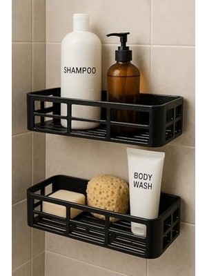 Yapışkanlı Duş Rafı – 2 Adet Paslanmaz Banyo Şampuanlık Organizer | Delmeden Montaj | Geniş Kapasiteli Duş Organizeri | Siyah Plastik Raf – Banyo Mutf