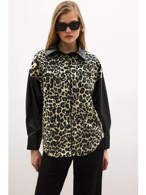 Touche Prive Deri Garnili Leopar Desenli Ceket