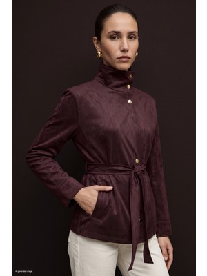 Sateen Kuşaklı Süet Ceket - Bordo