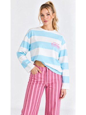 Mevese Kadın Flirting Yazı Baskılı Çizgili Bisiklet Yaka Oversize Sweatshirt- Mavi-Beyaz