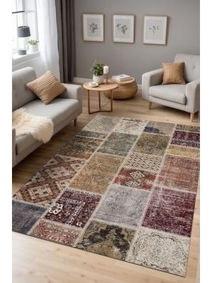 Prime Flona Patchwork Şönil Kaymaz Doğal Pamuk Tabanlı Yıkanabilir Antibakteriyel Çevre Dostu Salon Halısı 120X180