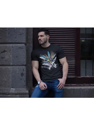 Marchè Bien Erkek Bisiklet Yaka Baskılı Kısa Kol T-Shirt - Siyah