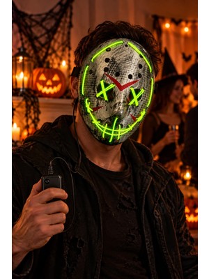 Dodomar Halloween Cadılar Bayramı 25 cm Fosforlu Yeşil Işıklı Hokey Tipi x Gözlü Korku Maskesi