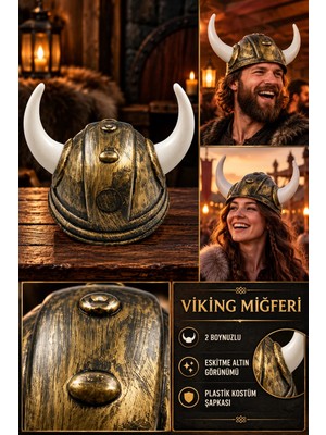 Dodomar Viking Miğferi Şapka 2 Boynuzlu Plastik Gold Altın Eskitme Görünümlü Parti Kostüm Aksesuarı