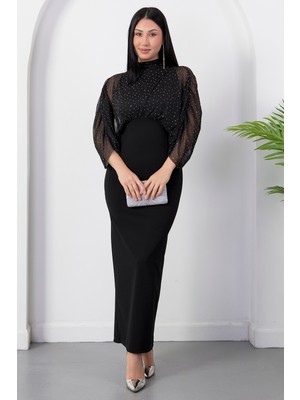 Kalopya Dik Yaka Üstü Taşlı Krep Elbise DKS1470