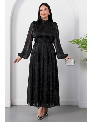 Kalopya Dik Yaka Taşlı Uzun Kol Şifon Elbise GRS4206