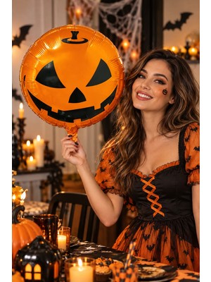 Dodomar Halloween Cadılar Bayramı Balkabağı Yüzlü Folyo Balon 45 cm 18 Inç Turuncu Yuvarlak Parti Süsü