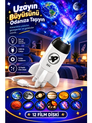 Prepare Roket Tasarımlı Yıldız Galaksi Projektörü 12 Diskli Tavan Duvar Yansıtmalı Uzay Gökyüzü Gece Lambası