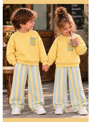 Cg Kids Limon Baskılı Sweatshirt ve Çizgili Eşofman Kız & Erkek Çocuk 3ip Alt Üst Takım