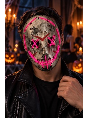 Dodomar Halloween Cadılar Bayramı Purge Tarzı Fuşya Işıklı Korku Maskesi 25 cm Çarpı Gözlü Dikili Ağız