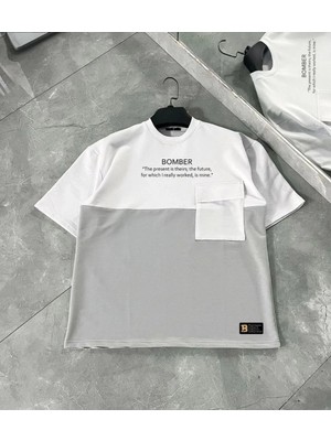 Marchè Bien Erkek Tişört Torba Cepli Parçalı Kısa Kol T-Shirt - Gri