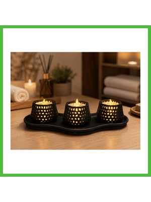 Bezos 3D Baskı Dekoratif Mumluk Seti - Desenli Tealight ve Masaüstü Aydınlatma Objesi-Siyah Arz