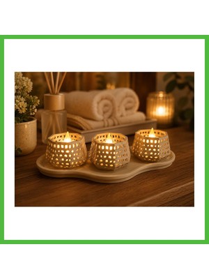 Bezos 3D Baskı Dekoratif Mumluk Seti - Desenli Tealight ve Masaüstü Aydınlatma Objesi-Bej Arz