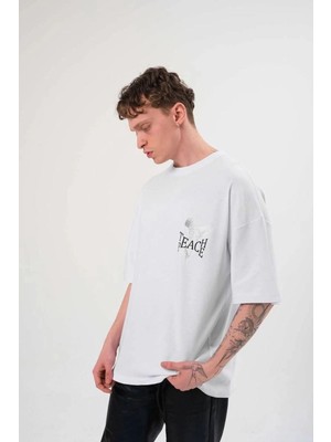 Marchè Bien Erkek Kısa Kol Yazlık Tişört Bisiklet Yaka Baskılı Oversize T-Shirt - Beyaz