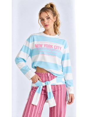 Mevese Oversize Kesim New York City Baskılı Çizgili Bisiklet Yaka Kadın Sweatshirt- Mavi-Beyaz