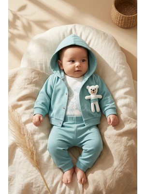 Babyim Yeşil Kapüşonlu Ayıcık Detaylı 3’lü Bebek Takımı - %100 Pamuklu Hırka, Body ve Pantolon Seti