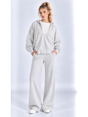 Mevese Kadın V Yaka Sweatshirt, Kolsuz Atlet ve Yüksek Bel Wide Leg Pantolon Üçlü Spor Şık Takım- Gri Melanj