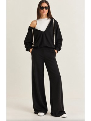 Mevese Kadın V Yaka Sweatshirt, Kolsuz Atlet ve Yüksek Bel Wide Leg Pantolon Üçlü Spor Şık Takım- Siyah