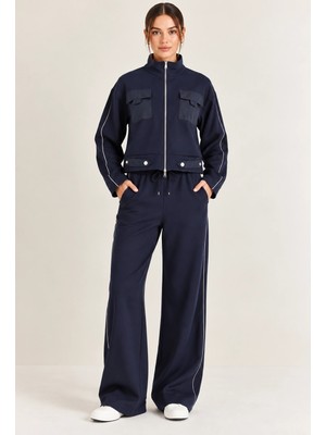 Mevese Biyeli Detaylı Dik Yaka Fermuarlı Sweatshirt & Wide Leg Eşofman Takım - Lacivert