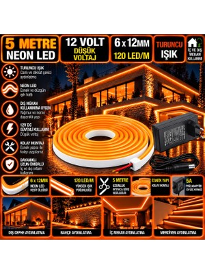 Powerr Led Aydınlatma 5m 12V 6X12MM 120 Ledli Turuncu Neon LED 5A Priz Adaptörlü Set