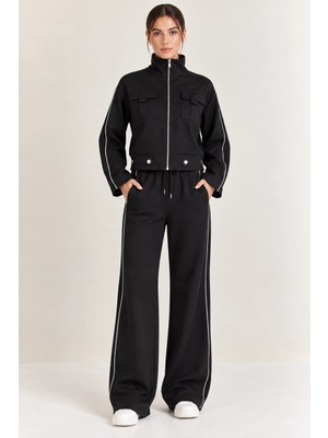 Mevese Biyeli Detaylı Dik Yaka Fermuarlı Sweatshirt & Wide Leg Eşofman Takım - Siyah