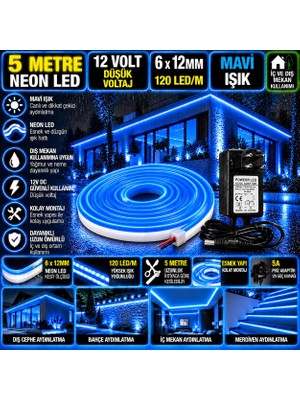 Powerr Led Aydınlatma 5m 12V 6X12MM 120 Ledli Mavi Neon LED 5A Priz Adaptörlü Set