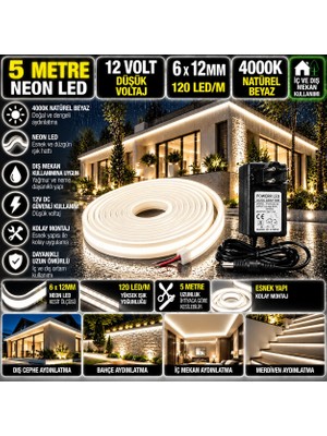 Powerr Led Aydınlatma 5m 12V 6X12MM 120 Ledli 4000K Naturel Beyaz Neon LED 5A Priz Adaptörlü Set