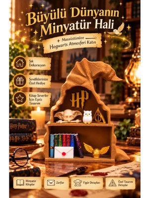 Printech3d Harry Potter Temalı Büyücü Şapkası Minyatür Kitaplık Seti – Dekoratif Figürlü Mini Kitaplık