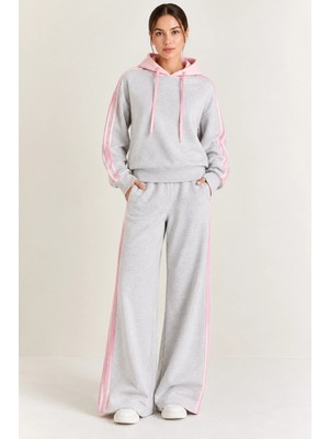 Mevese Kadın Kapüşonlu Oversize Sweatshirt & Bol Eşofman Altı Ikili Takım- Gri-Pembe