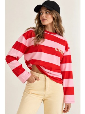Mevese Oversize Bisiklet Yaka Ön Arka Baskılı Çizgili Kadın Sweatshirt (Flirting Model) - Pembe-Kırmızı