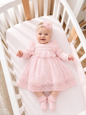 Bebila Baby Kız Bebek Mevlütlük Elbise Bandanalı Dantelli Yenidoğan Hastane Çıkışı Gelinlik Abiye Mevlitlik 4039