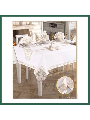 Vintessy Vıntessy 26 Parça Elegant Linen Krem-Gold 12 Kişilik Şık Çeyizlik Masa Takımı 160 × 260 cm Runner BZS01