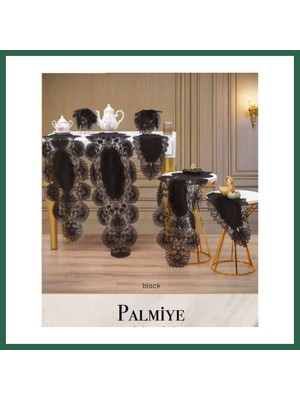 Vintessy Vıntessy Salon Takımı 5 Parça Keten Masa Örtüsü Runner Seti Çeyizlik Palmiye Model Siyah BZS01