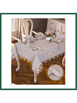 Vintessy Vıntessy Gardenya Keten Karanfil Gri 26 Parça 160 × 220 cm Masa Takımı 12 Kişilik BZS01