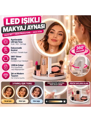 Akıllı Bayi LED Işıklı Yuvarlak Makyaj Aynası – Dokunmatik Ayarlanabilir Işık Tonlu, 360° Döner Masaü