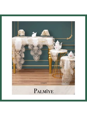 Vintessy Vıntessy Palmiye Model Krem-Krem 7 Parça Keten Masa Örtüsü Runner Seti Çeyizlik Salon Takımı BZS01