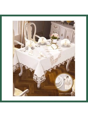 Vintessy Vıntessy Krem-Gümüş Gardenya Karanfil Keten 26 Parça 160 × 220 cm Şık Sofra Takımı BZS01