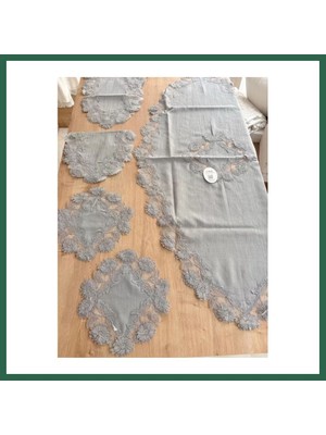 Vintessy Vıntessy Salon Takımı Çeyizlik Gri Runner Set 5 Parça Keten Masa Örtüsü Runneri Flowers BZS01