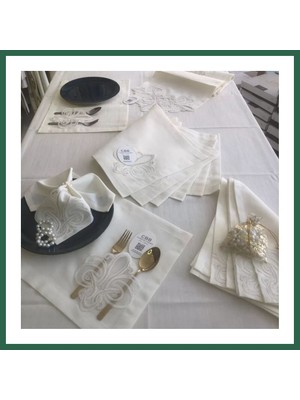 Vintessy Vıntessy Sofra Takımı Taç Gardenya Keten Yemek Takımı 160X260 Masa Seti 26 Parça Runner Set Krem BZS01