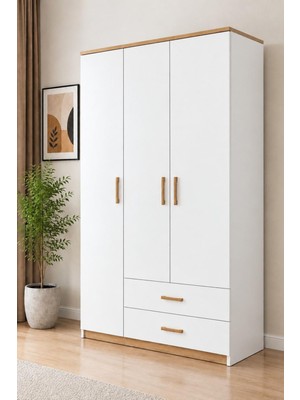 Rudu Lifos 3 Kapaklı 91X183X44 cm Giyisi, Eşya Dolap/gardırop 3 Raflı 2 Çekmeceli Beyaz