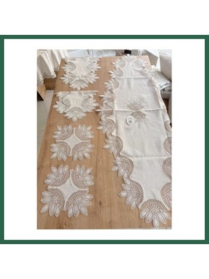 Vintessy Vıntessy Salon Takımı Çeyizlik Krem Runner Set 5 Parça Keten Ranır Masa Konsol Sehpa Örtüsü Lady BZS01