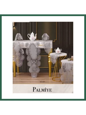 Vintessy Vıntessy Keten Palmiye Model Gri 7 Parça Masa Örtüsü Runner Seti Modern Salon Takımı BZS01