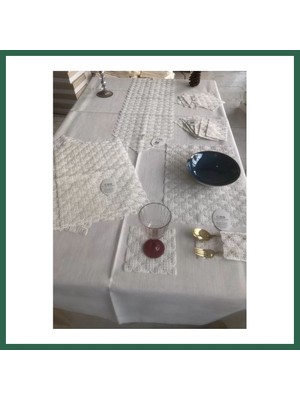 Vintessy Vıntessy Sofra Takımı Orion Gardenya Keten Yemek Takımı 160X260 Masa Seti 26 Parça Runner Set Krem BZS01