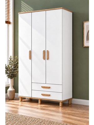 Rudu Çağla 3 Kapaklı 120X200X45 cm Giyisi, Eşya Dolap/gardırop 4 Raflı 2 Çekmeceli Beyaz