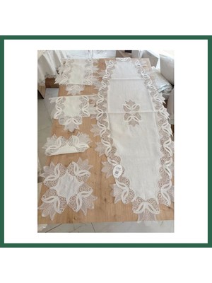 Vintessy Vıntessy Salon Takımı Çeyizlik Kreme Krem Runner Set 5 Parça Keten Ranır Masa Konsol Sehpa Örtüsü Kayla BZS01