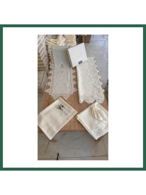 Vintessy Vıntessy Sofra Takımı Mimoza Gardenya Keten Yemek Takımı 160X260 Masa Seti 26 Parça Runner Set Krem BZS01