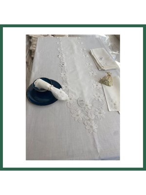 Vintessy Vıntessy Sofra Takımı Evita Gardenya Keten Yemek Takımı 160X260 Masa Seti 26 Parça Runner Set Krem BZS01