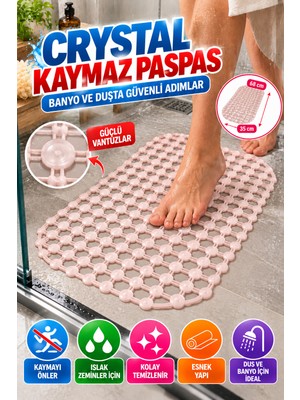 Open City Crystal Kaymaz Vantuzlu Banyo Paspası Pudra 68X35 cm Islak Zemin Kaydırmaz Küvet Duşakabin Pvc Matı
