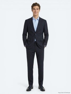 Kip Lacivert Çizgili Modern Fit %100 Yün Takım Elbise